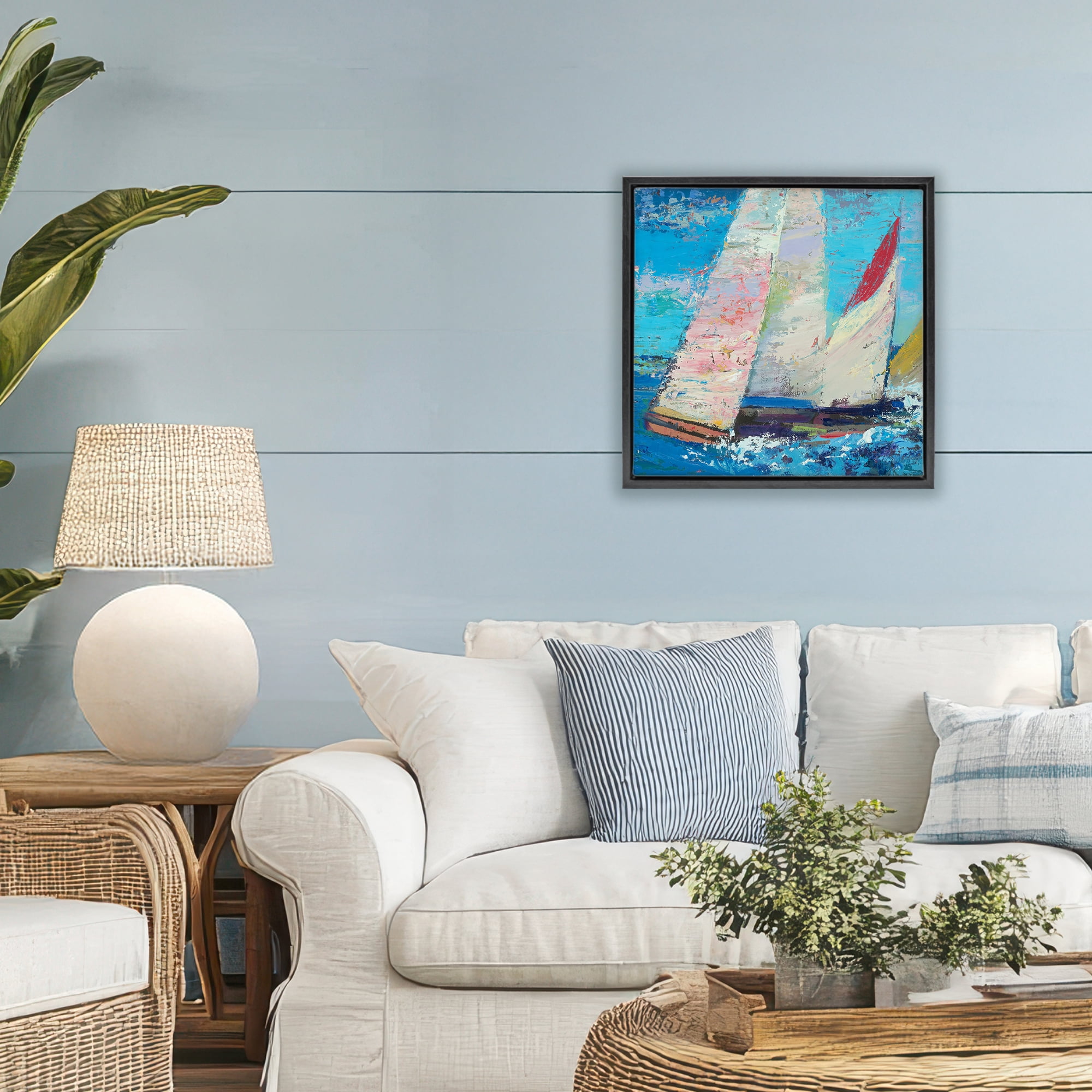Stupell Industries Expressive Sailboats on Waves Black Framed Floater Canvas Wall Art, design by Beth A. Forst