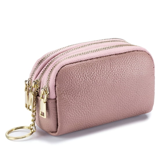 GASTROPOD Women Leather Coin Purse Small 3 Zip Change Pouch Wallet for Travel Shopping Daily Use Party Gift Pink