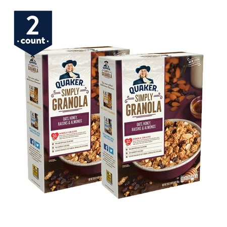 Quaker Simply Granola, Oats, Honey, Raisins and Almonds, 28 oz Boxes, 2