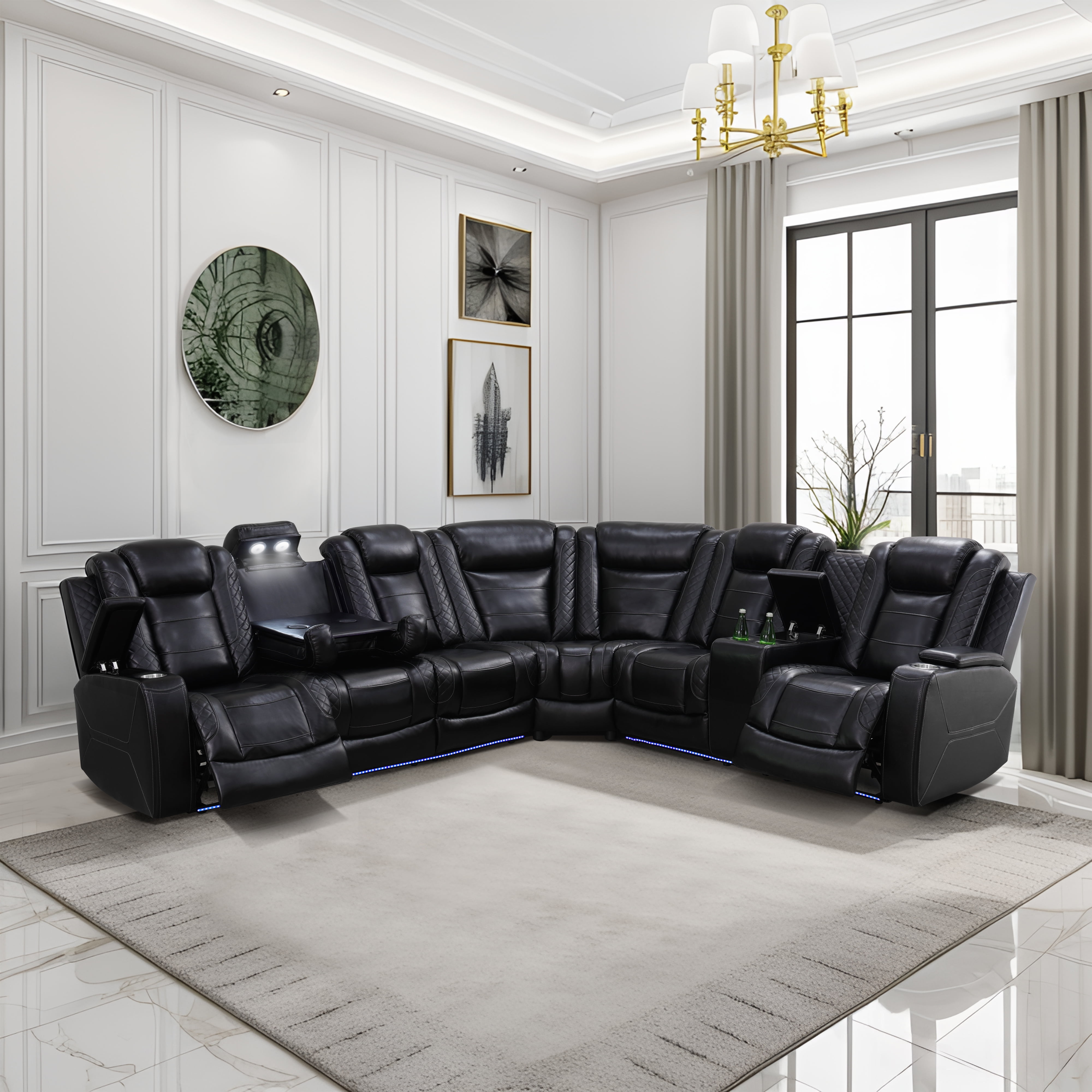 Gewnee Air Leather Oversize Power Recliner Sectional Sofa with Cup Holder for Living Room Office Theater