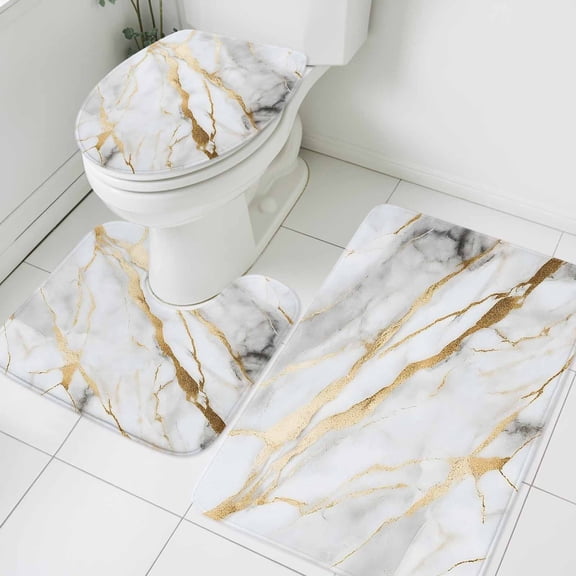 Gray Gold Marble Bathroom Rugs Set Modern Abstract Non Slip Absorbent Soft Bath Mats 3 Piece Set with Bathroom Rug, U-Shaped Floor Mat, Toilet Seat Cover Large Size