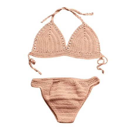 Women s Trendy Crochet Triangle Bikini Set Knitted Bathing Suits Padded Bra Beach Swimsuit Hollow out Backless Summer Strap Halter Neck Two-Piece Swimwear Khaki XL