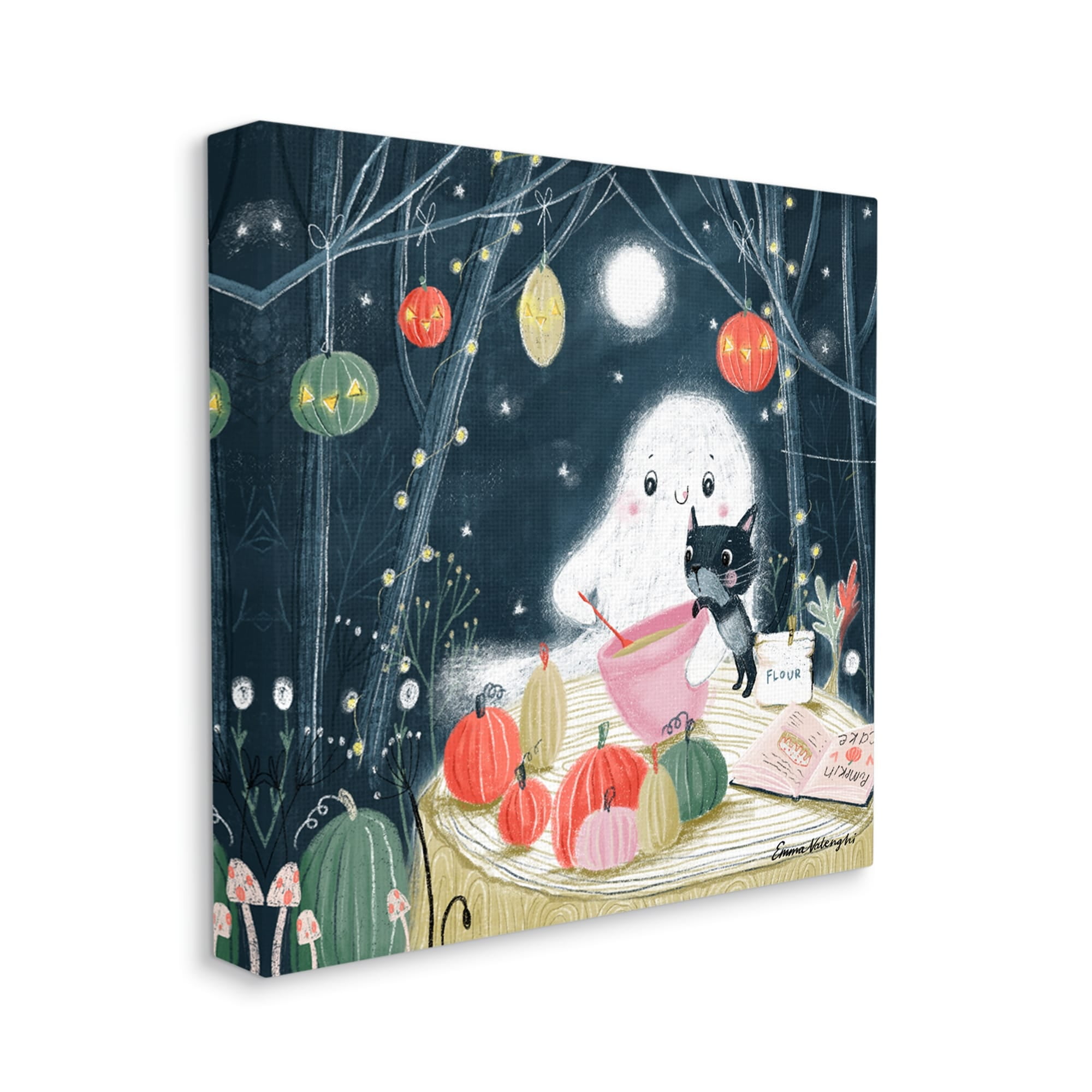 Stupell Industries Cat & Ghost Baking Pumpkin Cake Holiday Painting Gallery Wrapped Canvas Print Wall Art