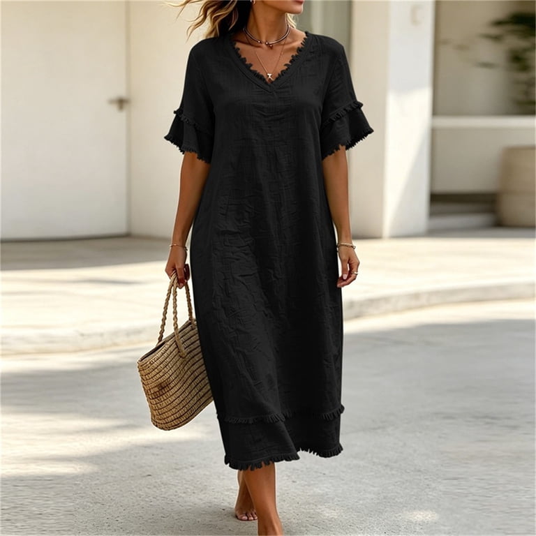 deep v neck shift dress Lnwuy Womens Short Sleeve Ruffled Deep V Neck Dresses Cotton Linen Dress for Summer Solid Casual Shift Dress with Pockets Black S, Women's, Size: