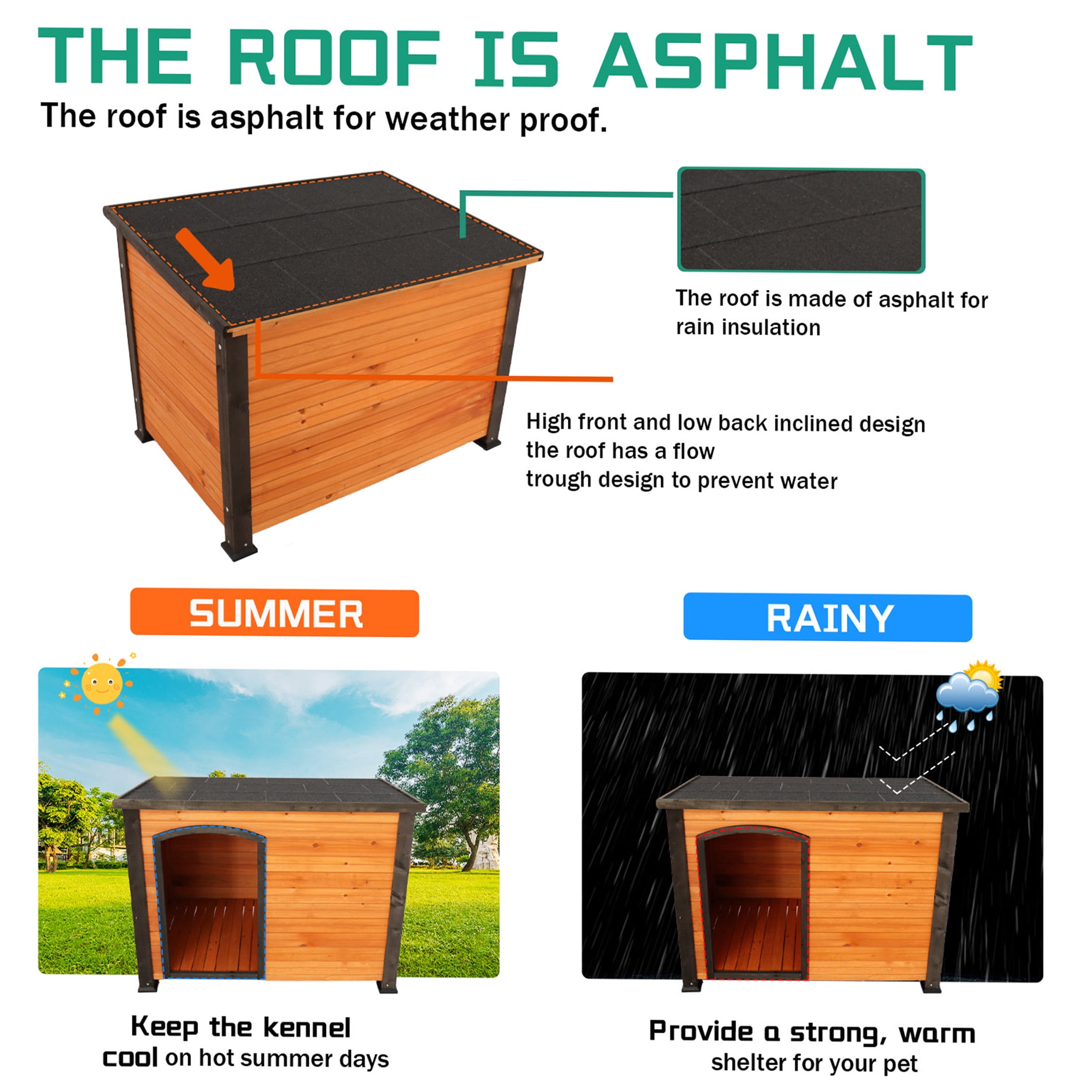 JERFIT 45 Inch Large Dog House Outdoor Indoor, All Weather Wooden Kennel with Elevated Base, Waterproof Roof & Winter Straps, Golden Black