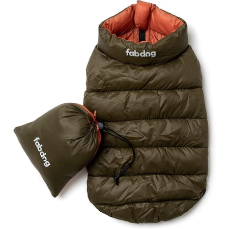 fabdog Dog Puffer Coat - Reversible Pack N Go Dog Coats for All Breeds - Comfy & Colorful Dog Jackets are Ideal Gifts - Clothes Fit Necks 20" Olive/Orange