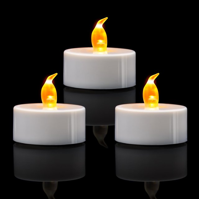 KOABY Luces de té LED, paquete de 12/24/50/100/200/400 luces de té parpadeantes sin llama, blanco cálido/amarillo cálido, duran más de 200 horas, luces de té con pilas para decoración (paquete de 12,