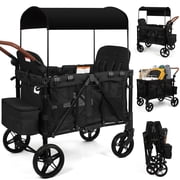 Vomeast Wagon Stroller for 4 Kids, 3-in-1 Outdoor Baby Stroller Wagon with Canopy, 5-Point Harness, Adjustable Handlebars, Removable Seat for Toddlers, Black