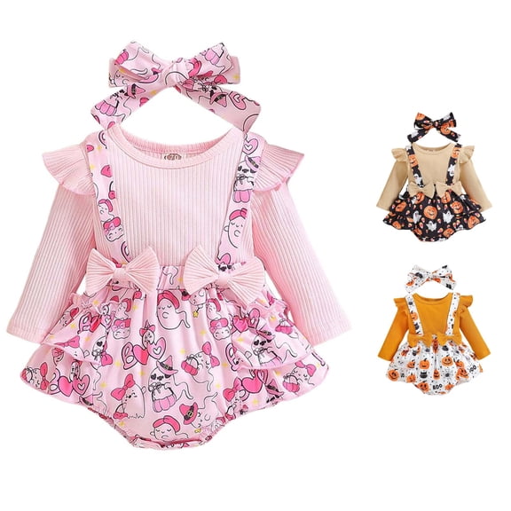 Oiyii Halloween Ghost Pumpkin Print Romper for Baby Newborn Girls Ruffle Suspender Skirt Bodysuit Infant Jumpsuit,Pink