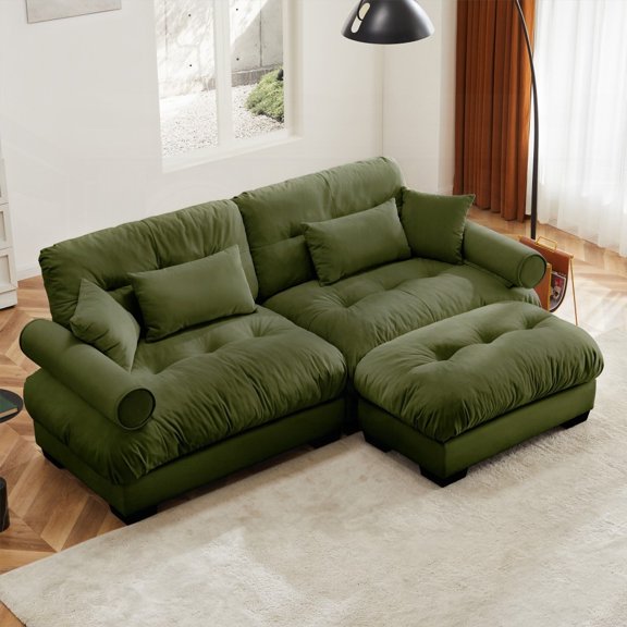 Over Size Modern Two-seater Sofa with Ottoman - Velvet & Cloud Comfort|Olive green