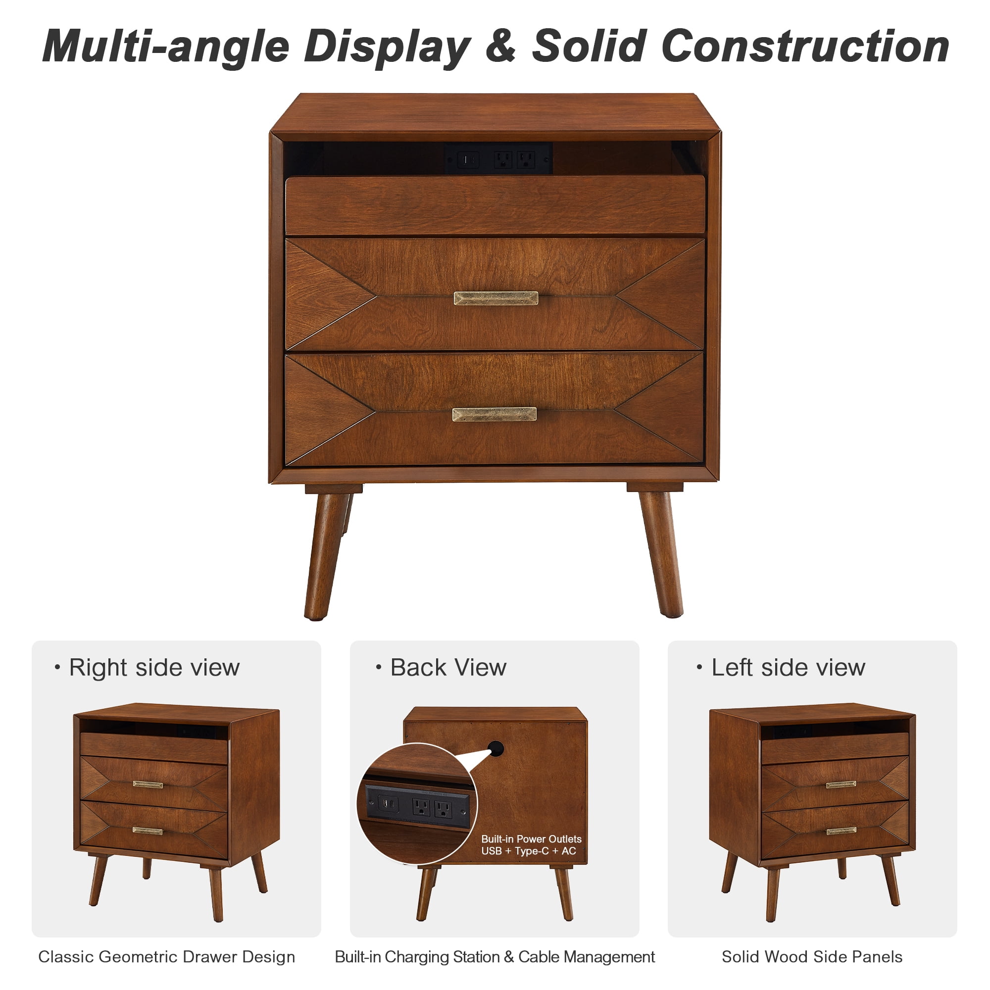 Leumius 24" Nightstand with Charging Station, Keep Your Phone Charged and Bedroom Organized, Wood Bedside Table with 2 Drawers, Open Shelf and USB/Type-C Ports for Bedroom Living Room Walnut