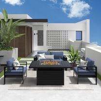 Heynemo Outdoor Furniture Set w/CSA Certified 54in Propane Gas Fire Pit Table, 4 Seats Aluminum Patio Conversation Sofa with 5in Olefin Cover Cushions, Black/Blue