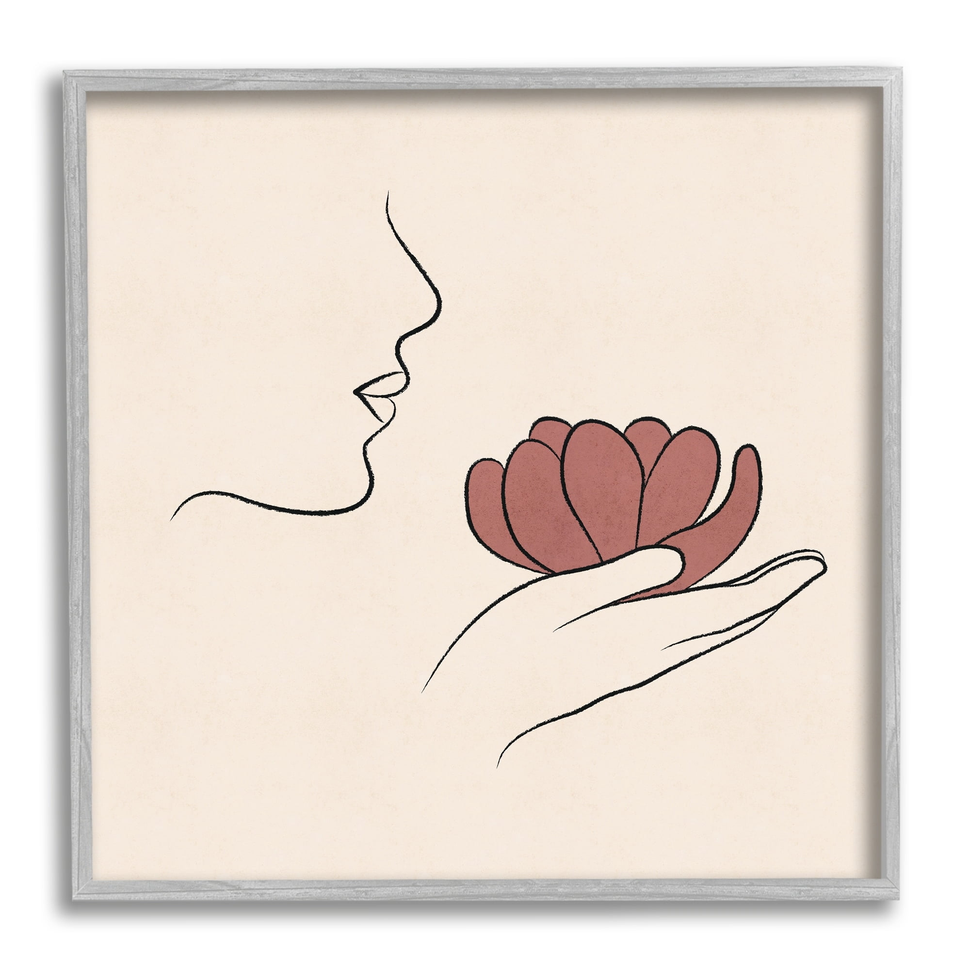 Stupell Industries Minimal Face Profile Holding Blossom Palm Outline Graphic Art Gray Framed Art Print Wall Art, Design by JJ Design House LLC