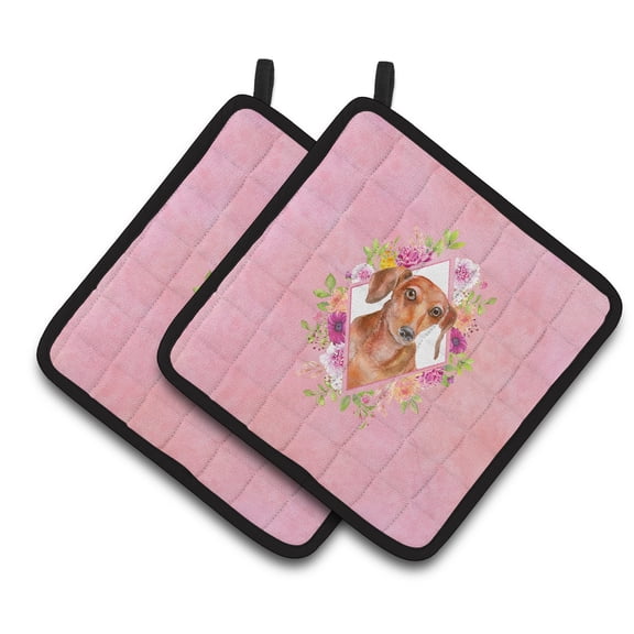 Dachshund Red #2 Pink Flowers Pair of Pot Holders