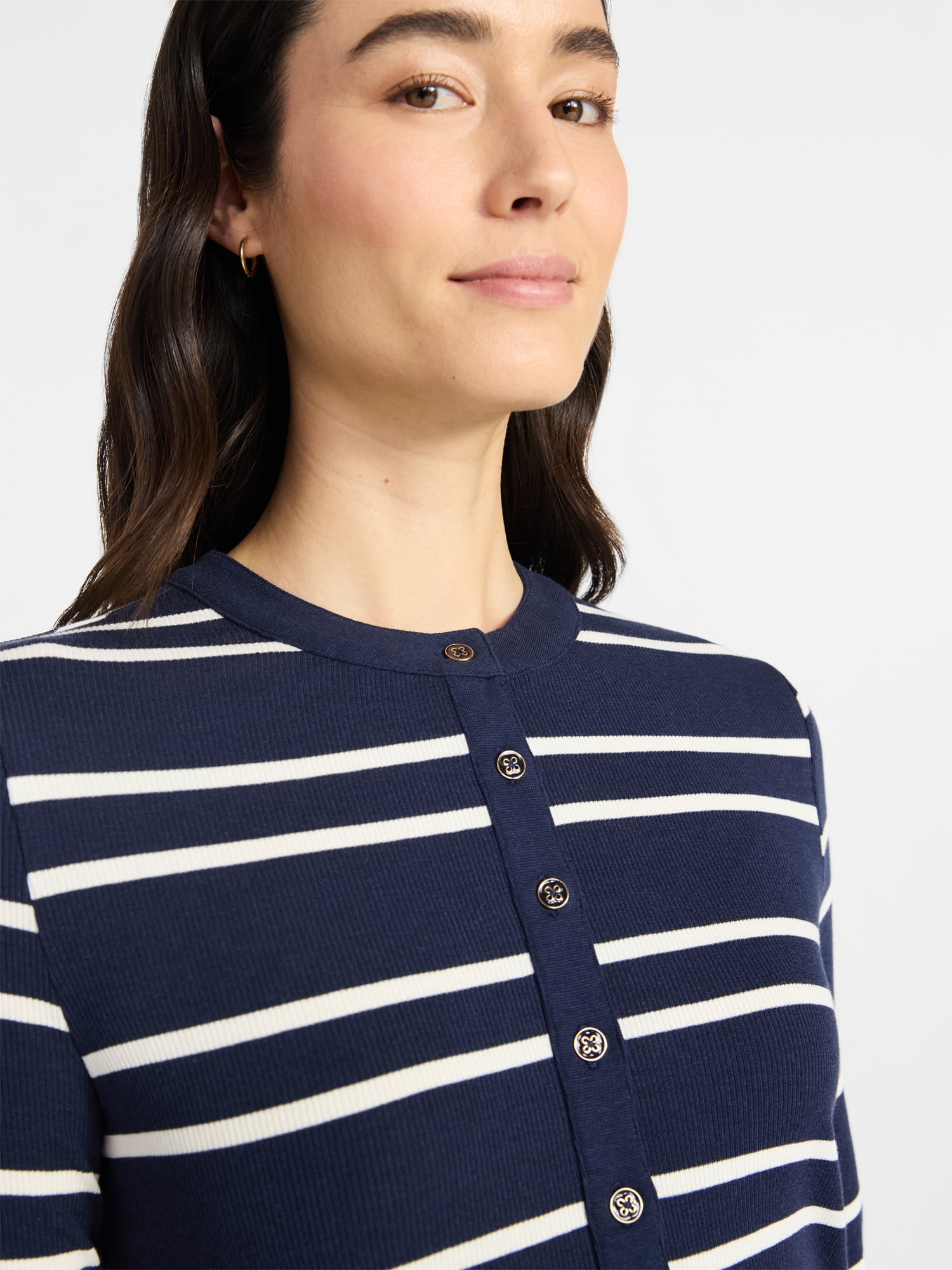 Time and Tru Women's Striped Henley with Long Sleeves, Sizes XS-XXXL