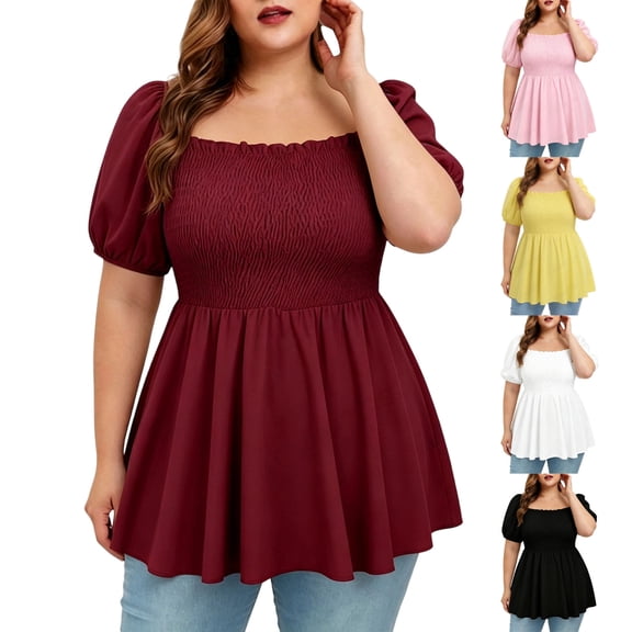 Ashirexll Summer Tops for Women Summer Solid Color Ruched Short Sleeve Pullover Top for Warm