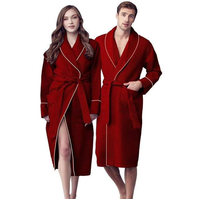 Canadian Linen Women Shawl Collar Terry Waffle Bathrobe Soft Absorbent Cotton Bathrobes for Shower bath Women Salon Lounge Robes, Medium, Burgundy Red