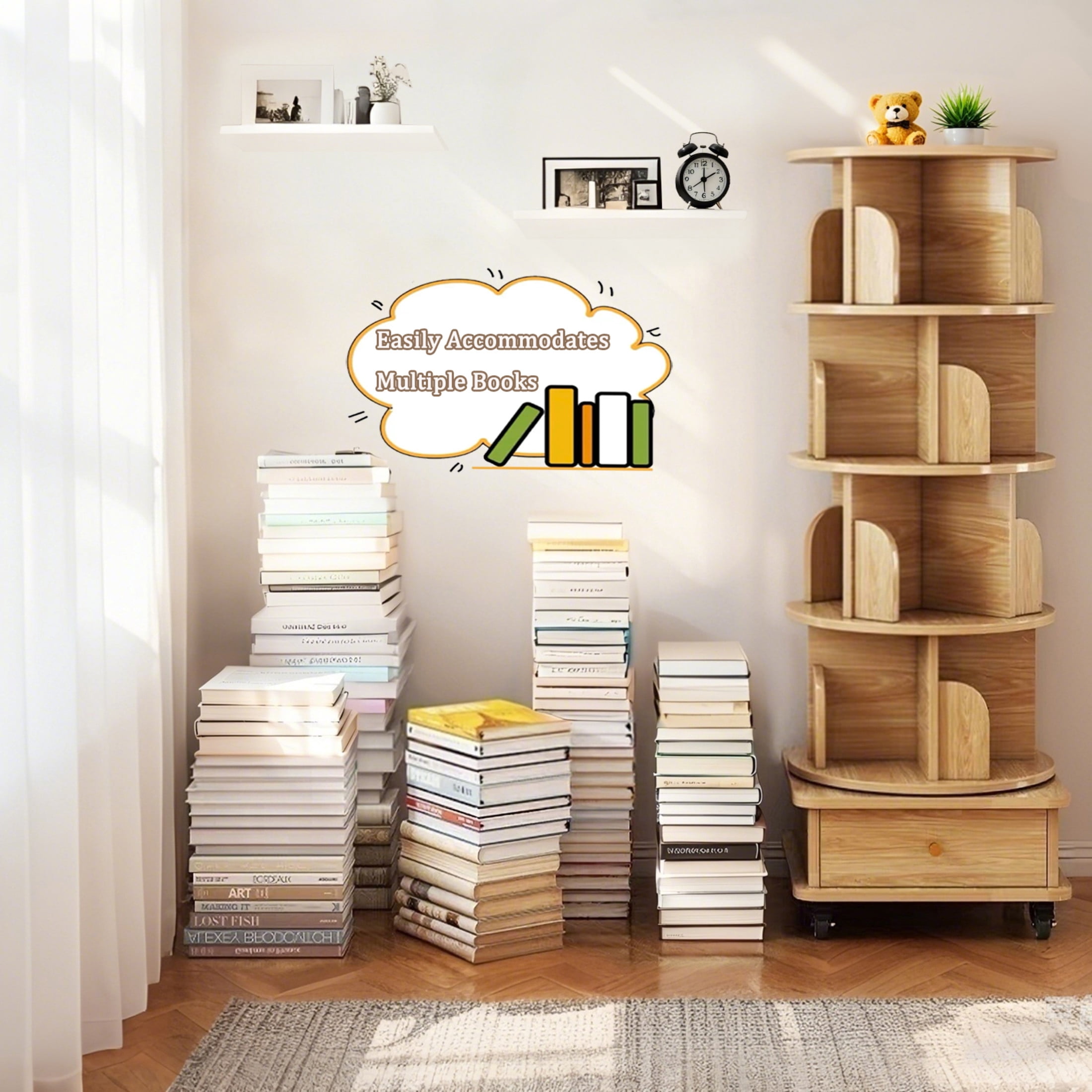 Noble House Ronald 5-Tier 360° Rotating Display Bookshelf, Round Tower with Wheels & Drawer, Space-Saving, Natural