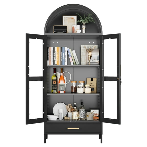 AOBABO Black Arched Display Cabinet with Glass Doors,Metal Bookcase with 1 Drawer for Home