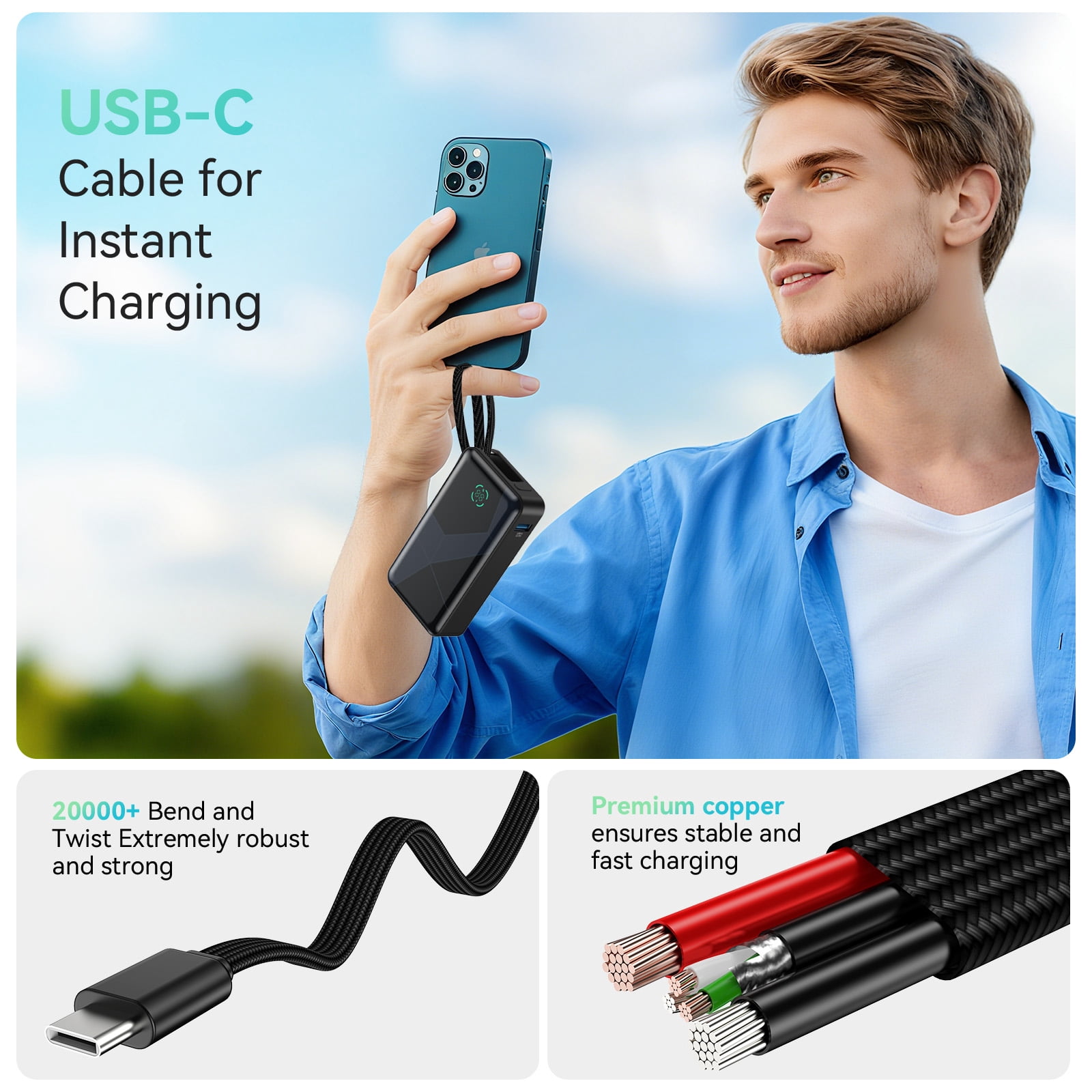 Portable Charger Power Bank, 10,000mAh PD 30W Fast Charging External Battery Pack with Built-in USB-C Cable, Travel Phone Charger with USB-C&A Output Compatible with iPhone, iPad, Samsung & More
