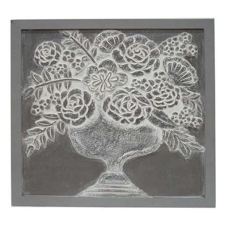 Benjara 36x36" Wall Art Panel- Carved Flower Vase Design- Gray White Wood