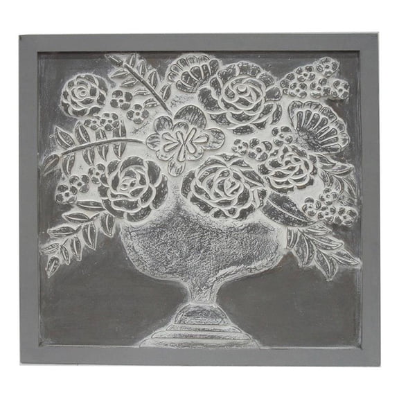 Benjara 36x36" Wall Art Panel- Carved Flower Vase Design- Gray White Wood