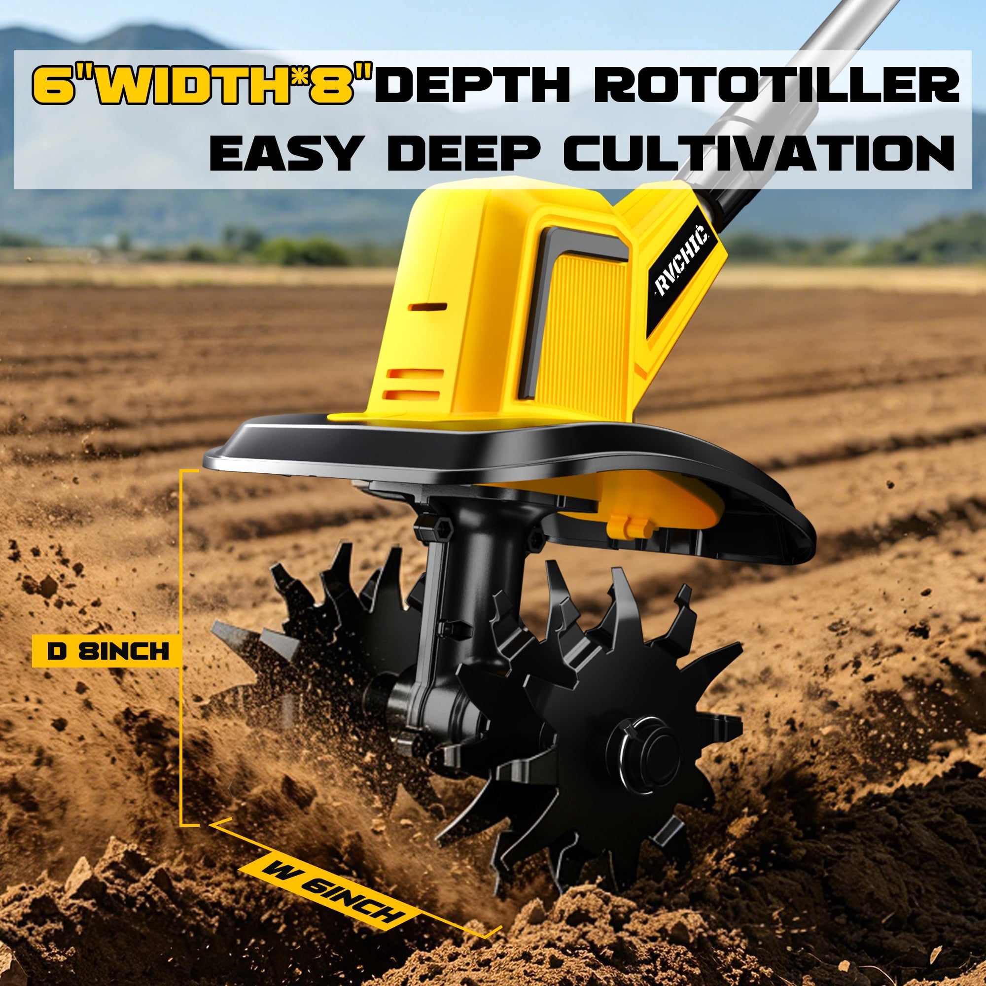 Rvchic 24V Cordless Tiller Cultivator with 2x2000mAh Batteries,360RPM High-Speed,4"Width x 6"Depth for Lawn/Gardening/Soil Cultivation 4 Blades