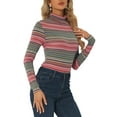 thumbnail image 4 of INSPIRE CHIC Women's Blouse Slim Fit Turtleneck Pleated Front Long Sleeve Knit Top XL Red Striped, 4 of 6