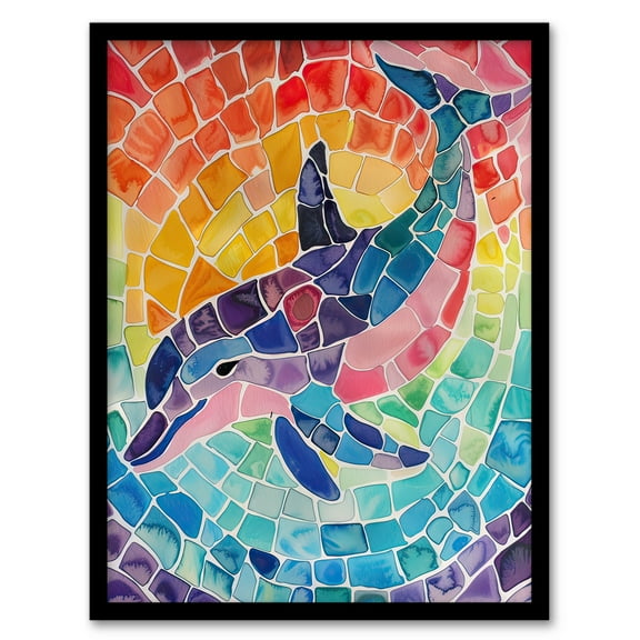 Artery8 Dolphin and Rainbow Mosaic Pattern Watercolour Kids Bedroom Nursery Art Print Framed Poster Wall Decor 12x16 inch