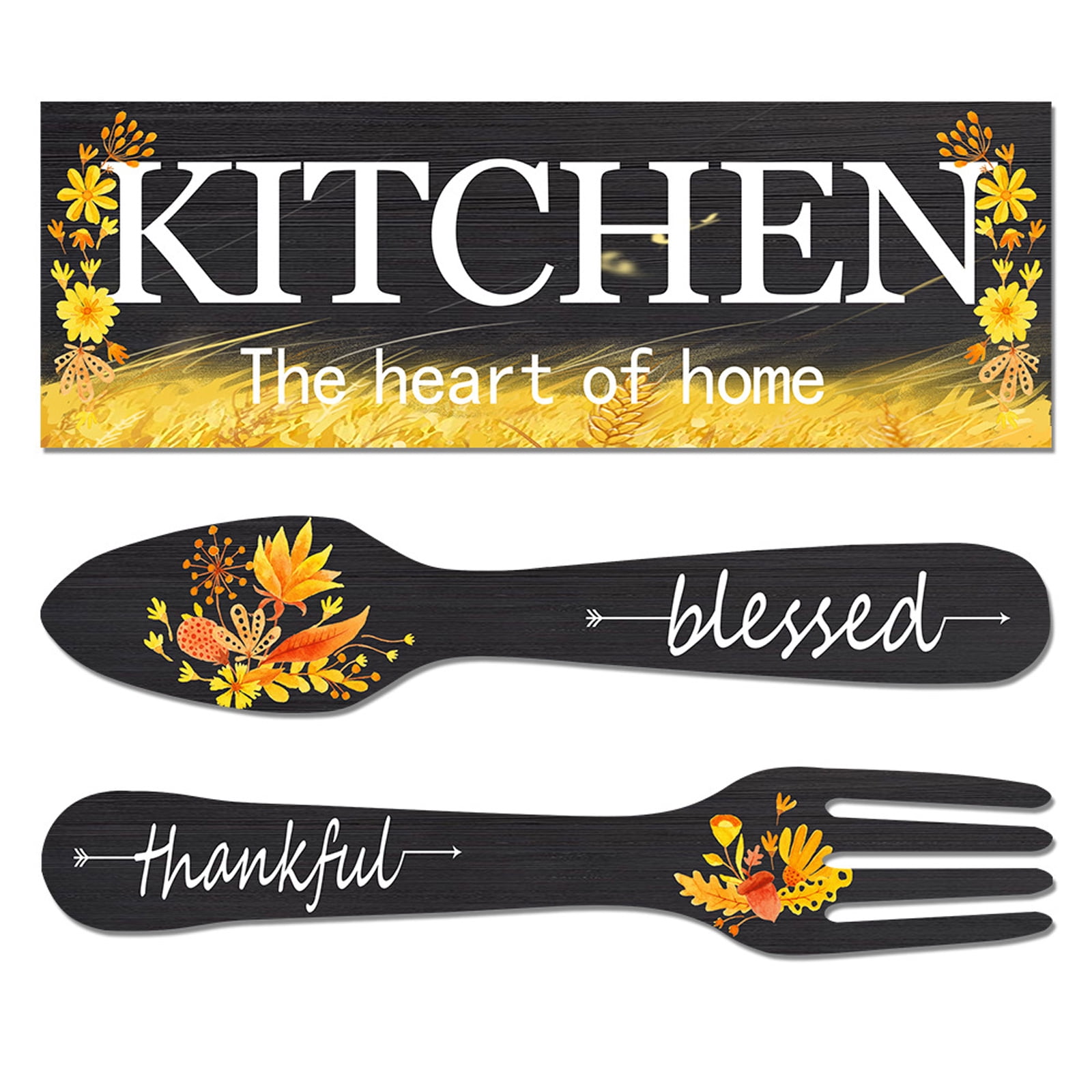  Kitchen Sign Set Kitchen Wall Decor The Heart of The Home Sign  Wood Rustic Buffalo Plaid Kitchen Decoration Fork and Spoon Farmhouse  Kitchen Wall Decor for Housewarming Kitchen Decor (Black