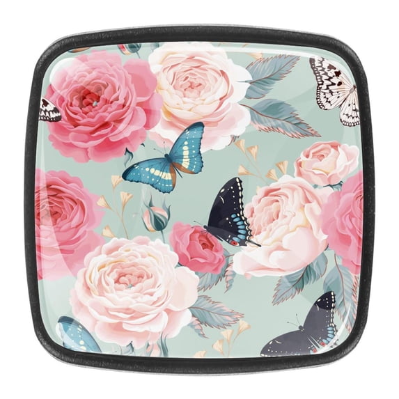 4 Pcs Square Cabinet Handle Cupboard Knob Drawer Pulls Handle Flowers Butterflies Drawer Knobs with Screws Furniture Decoration