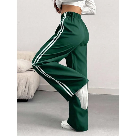 Women's Side Stripe Wide Leg Track Pants, Elastic Waist Loose Fit Sweatpants for Gym, Workout, Everyday & Athleisure Wear