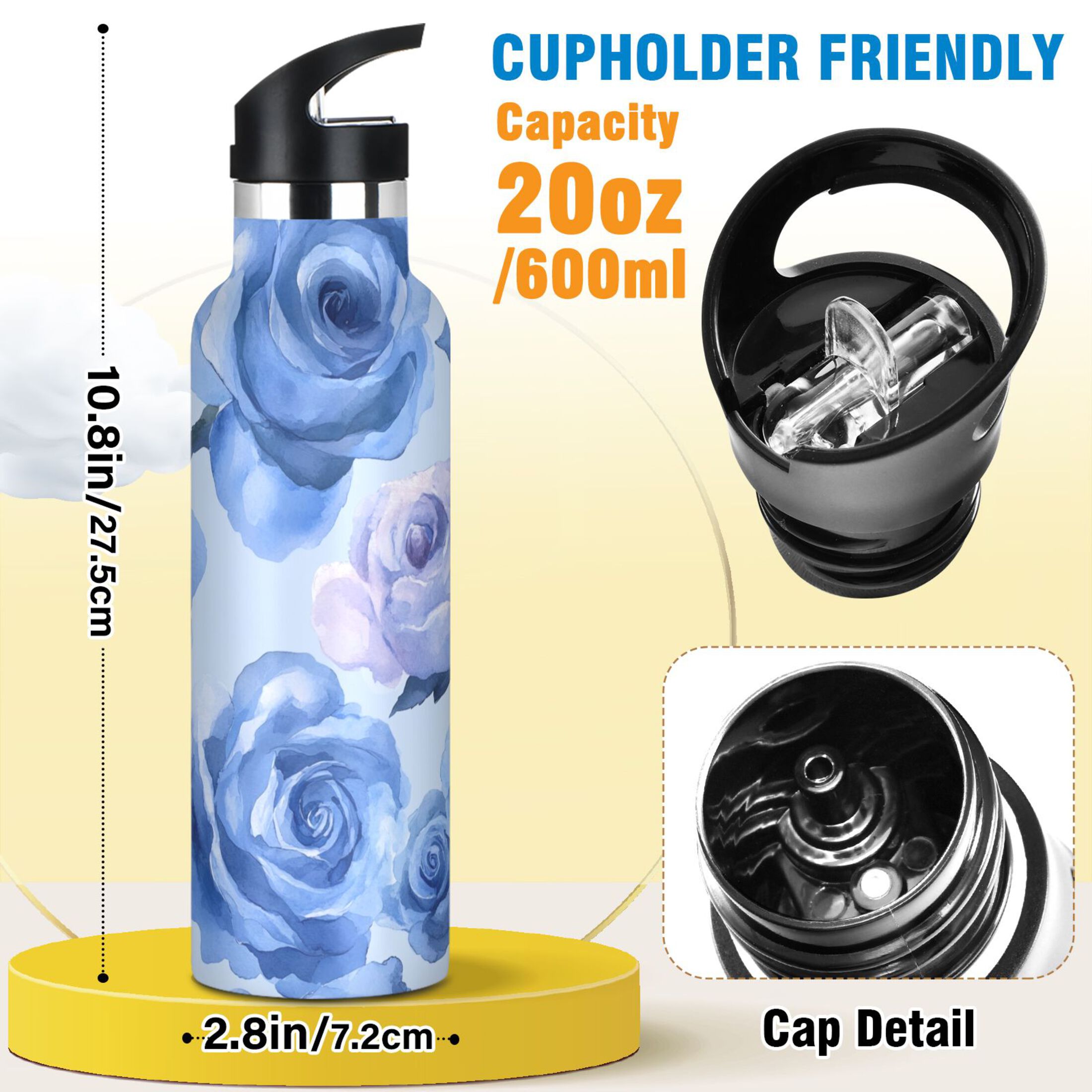 600ML Stainless Steel Insulated Cup Sports Water Bottle Portable Thermos Cup Water Glasses Insulated Tumblers Convenient and Durable Blue Roses Seamless