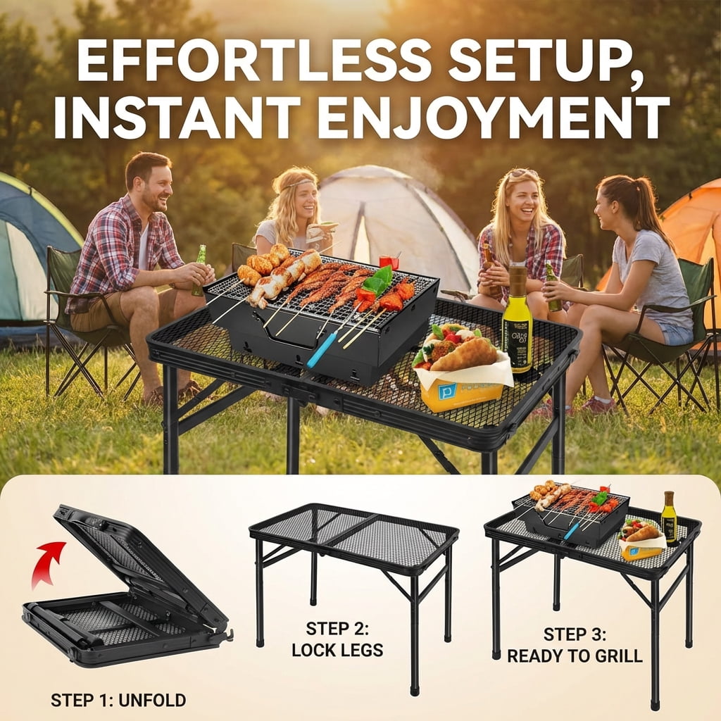 Portable Lightweight BBQ Grill Table with Storage, Adjustable