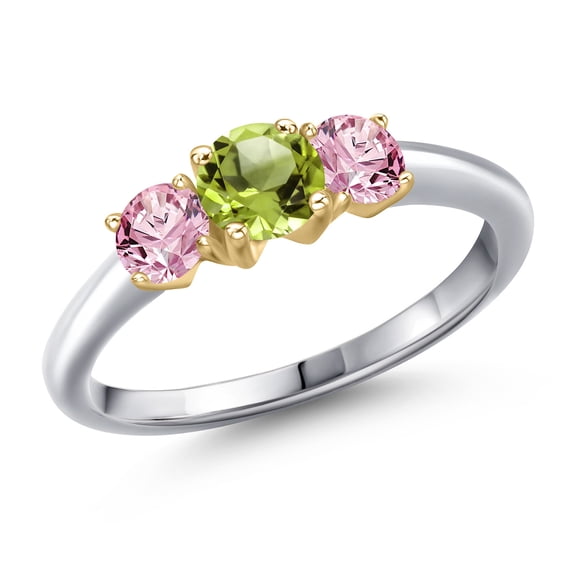 Gem Stone King 10K Two Tone Gold Green Peridot and Pink Lab Grown Diamond Engagement Ring for Women | 1.05 Cttw | Round 5MM | Gemstone August Birthstone | Size 7