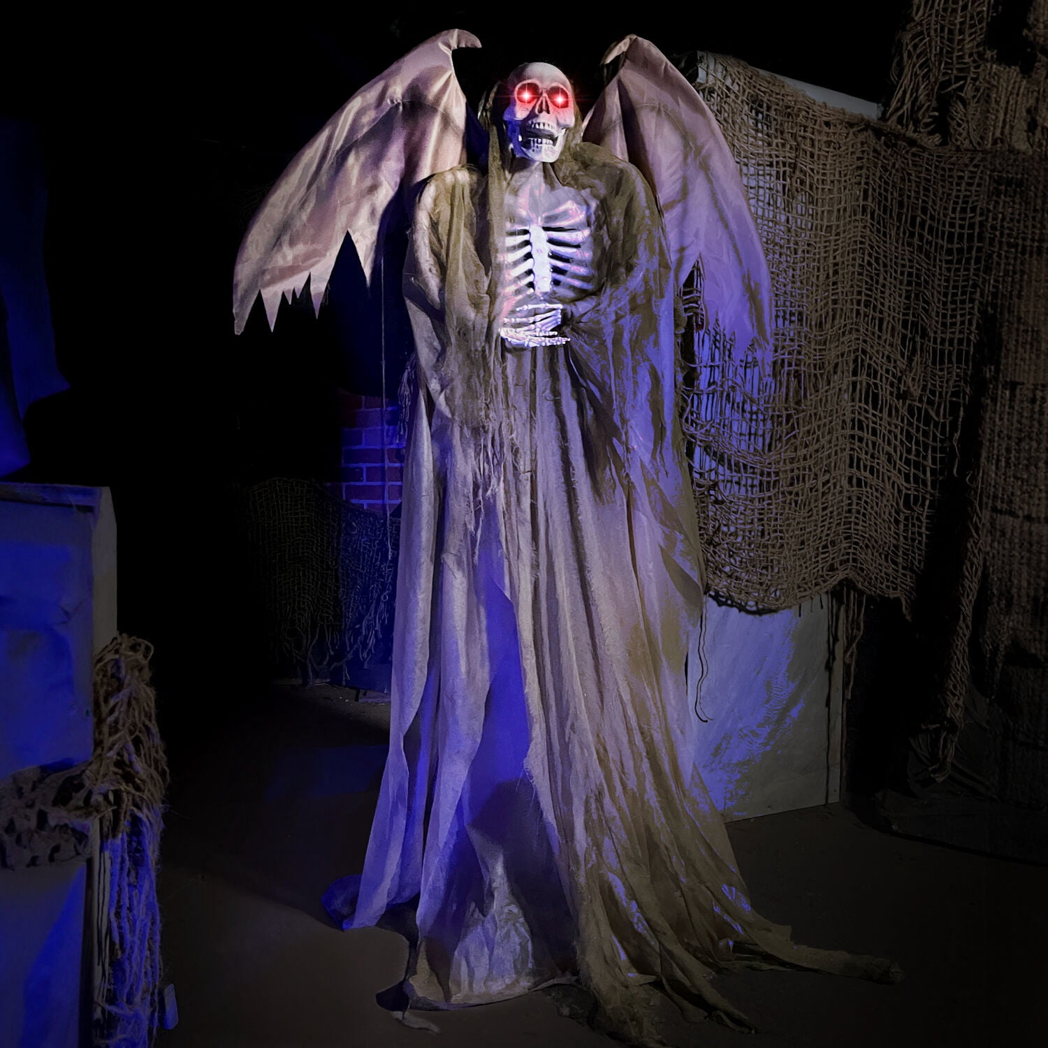 Haunted Hill Farm 5.5 ft Life-size Animatronic Reaper with Wings, Halloween Decoration, HHWINGSKEL-4FLSA