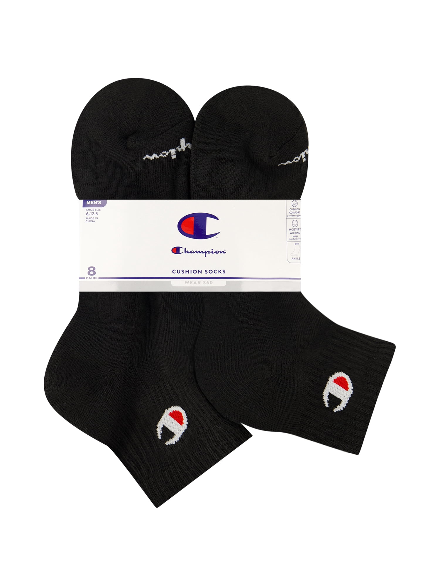 Champion Men’s Ankle Socks 8 Pack – Half Terry Cushion, Moisture-Wicking, Arch Support, Stretch Comfort, Sizes 6–12.5