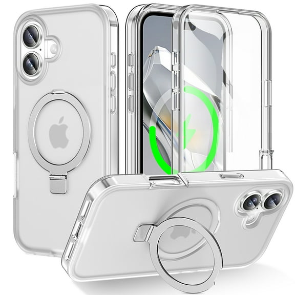 Allytechgroup for iPhone 17 Case with Screen Protector, Matte Kickstand Comaptible with Magsafe Drop Protective Bumper Shockproof Anti-Scratch Magnetic Cover for iPhone 17, Clear
