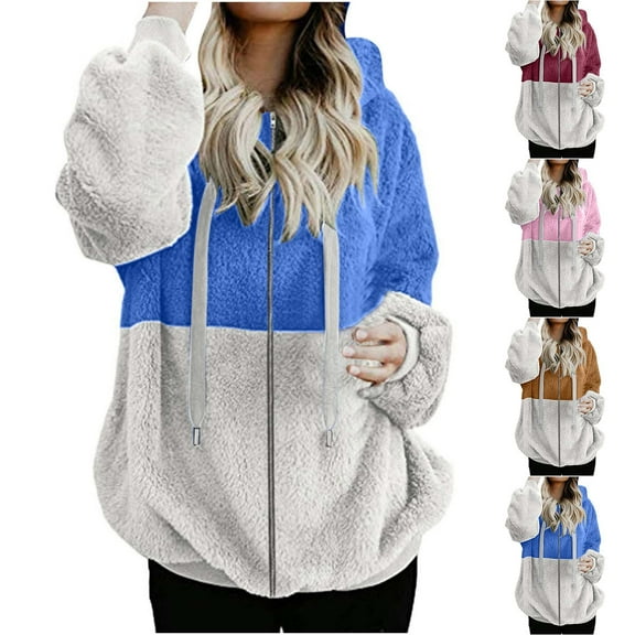 Womens Fall Fashion 2025 Fall Outfits for Women 2025 Loose Casual Solid Color Splicing Full Zipper With Pockets Hooded Plush Long Sleeved Jacket Top