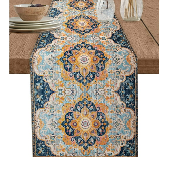 Table Runner 72 Inches Long for Kitchen Dining, Blue Dresser Scarf Farmhouse, Dining Table Decorations for Wedding/Parties, Ethnic Middle Century Geometric Abstract Western 16 x 72 In