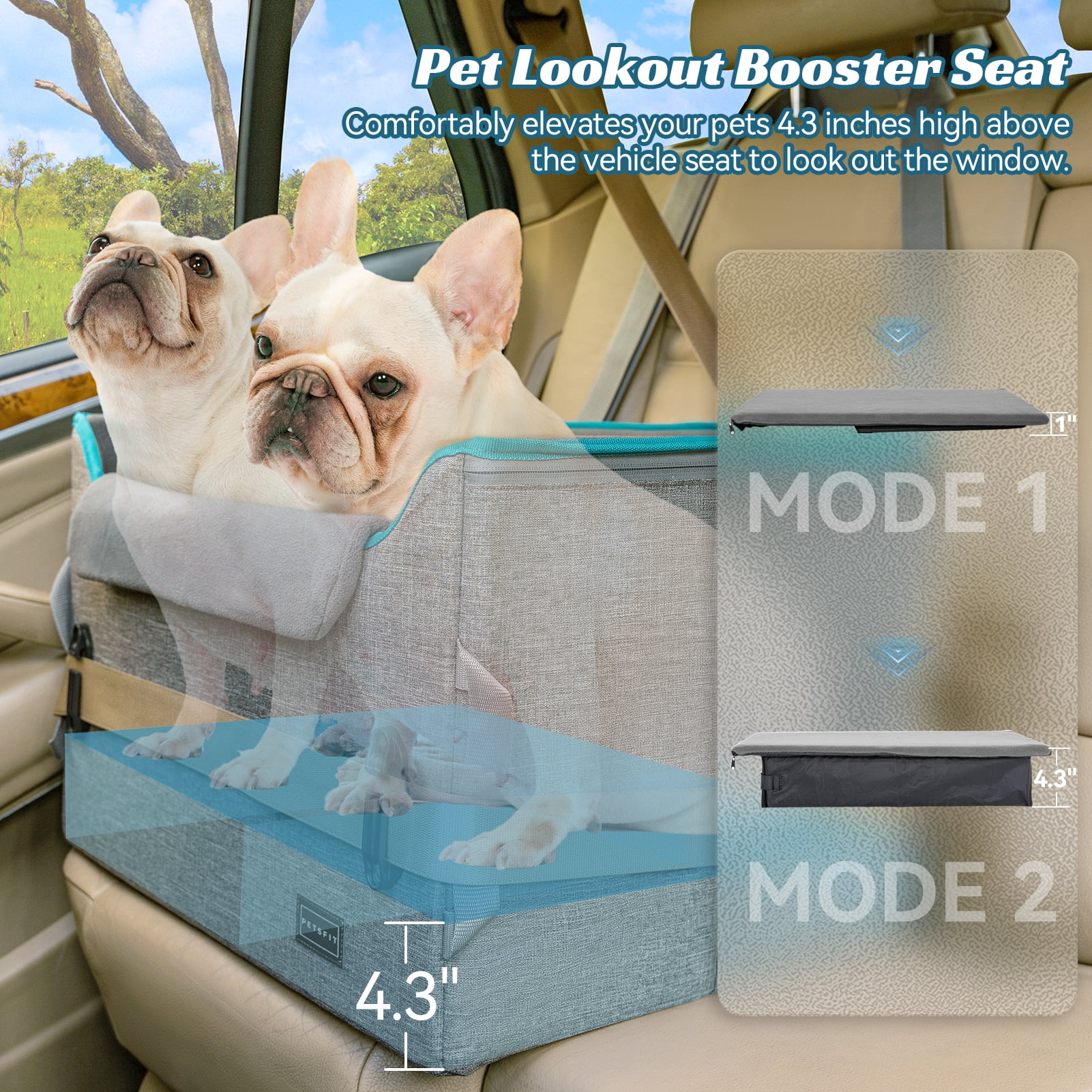 PETSFIT Dog Booster Car Seat, Dog Car Seat for Medium Dogs with 2 Clip-On Safety Leashes, Patented Buckles, Pet Car Seat with Big Pockets for Pets Under 45Lbs (Medium, Grey)
