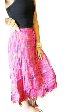 Mogul Women Bohemian Midi Skirt, Pink Summer Skirt Boho Chic Floral Printed Beach Skirts S