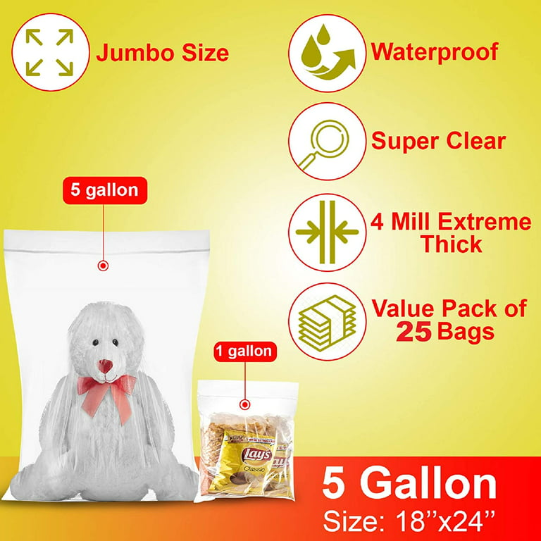 25 COUNT ] EXTREME THICK Extra Large Super Spacious Strong Clear Big Bags,  Zipper, 5 GALLON, Heavy Duty 4 Mill, Plastic Food Storage Bags For  Clothing, Toys, Storage, Moving, Organization 