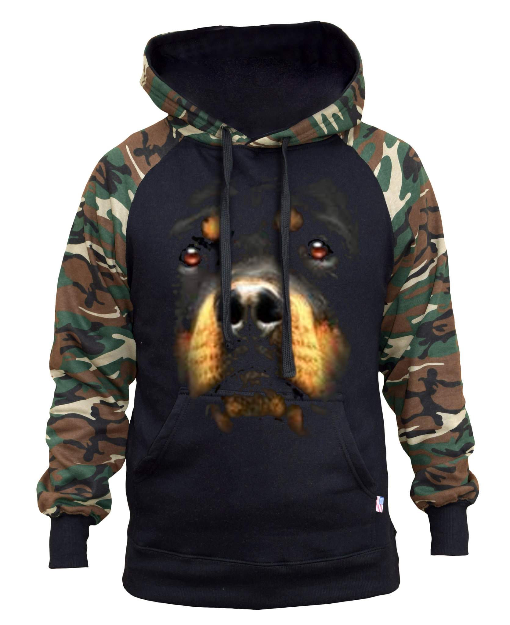 Men's Huge Rottweiler Face Black/Camo Raglan Baseball Hoodie 2X-Large ...