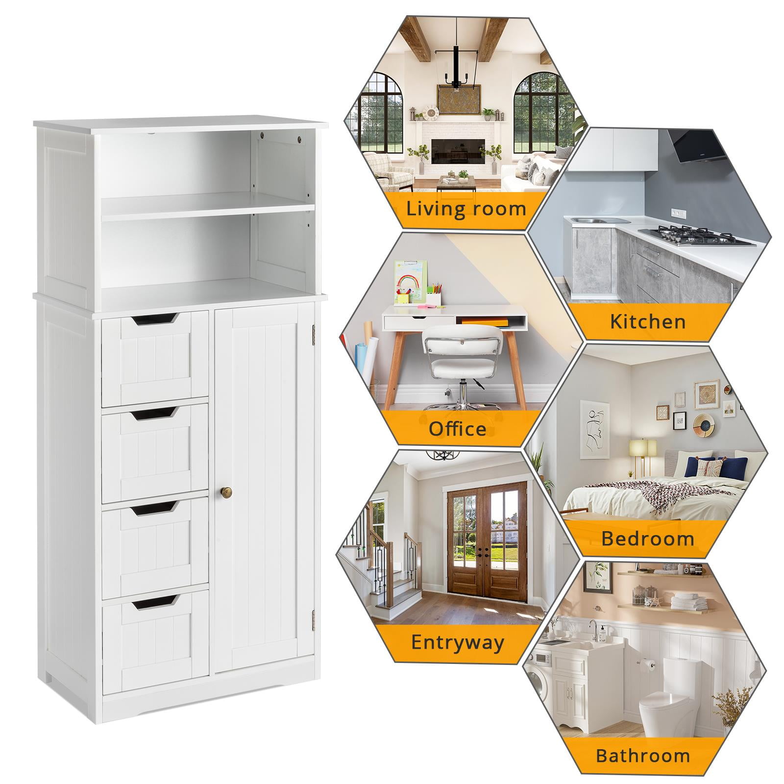 Ktaxon Bathroom Floor Cabinet with 4 Drawers 1 Cupboard & 2 Adjustable Shelves for Kitchen Living Room, White