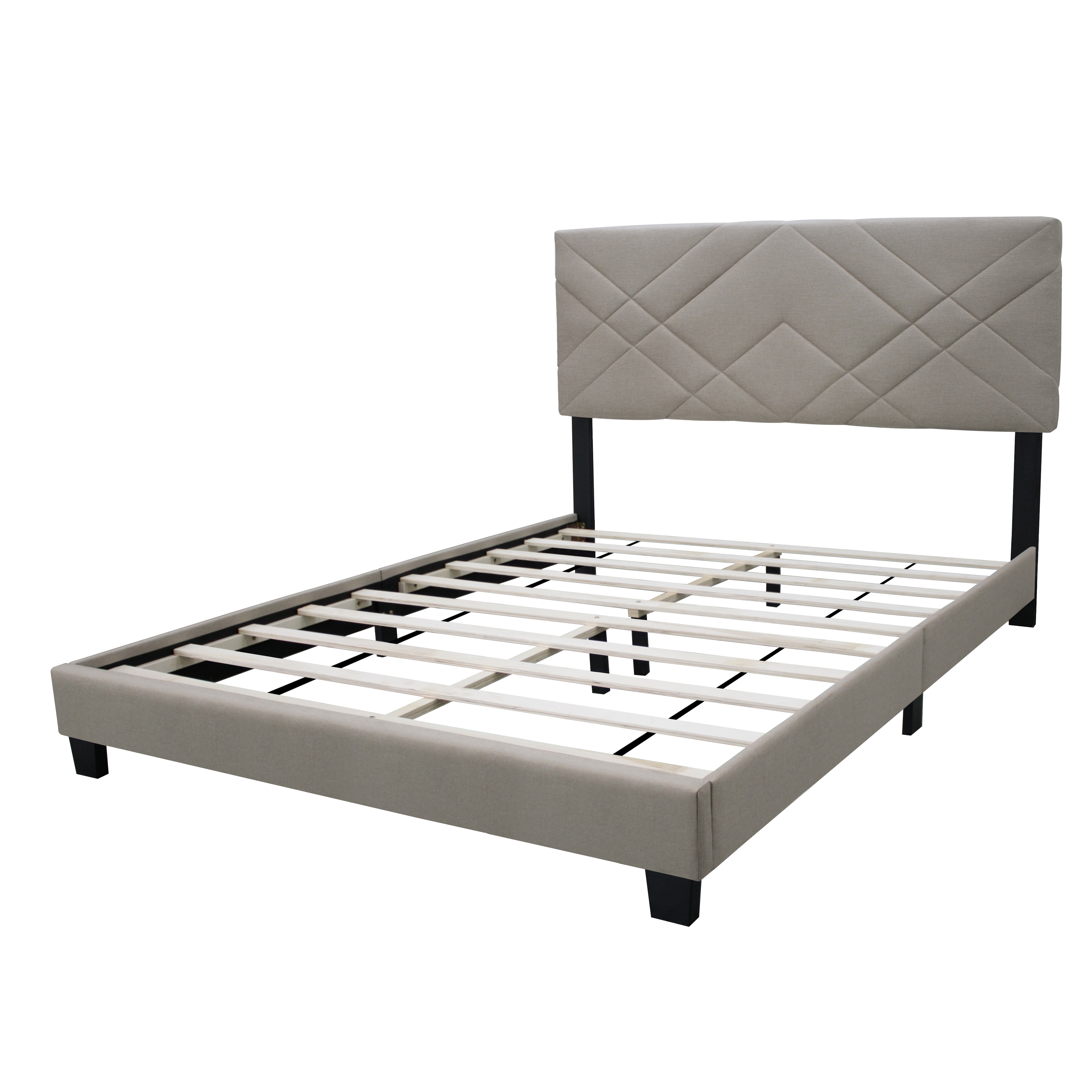 Euroco Upholstered Queen Size Platform Bed, Adjustable Headboard, Beige
