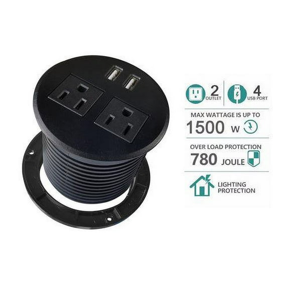 ApexDesk Ul Certified Desktop Power Grommet with Two Power Sockets, Two Quick USB Charging Ports, 6ft Power Cord and Lock Ring (Black)