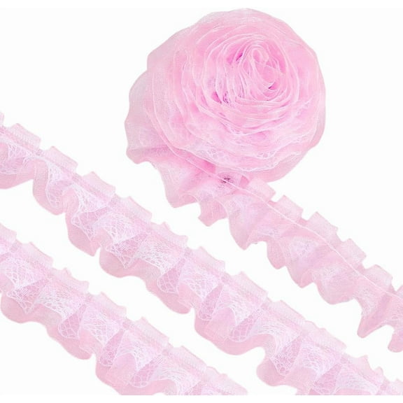 21.8Yards 2-Layer Ruffle Lace Pleated Trim 1 inch Pleated Lace Ribbon Chiffon Flower Trim Gathered Ribbon for Wedding Applique Clothing Sewing Craft DIY Decor Pink diy