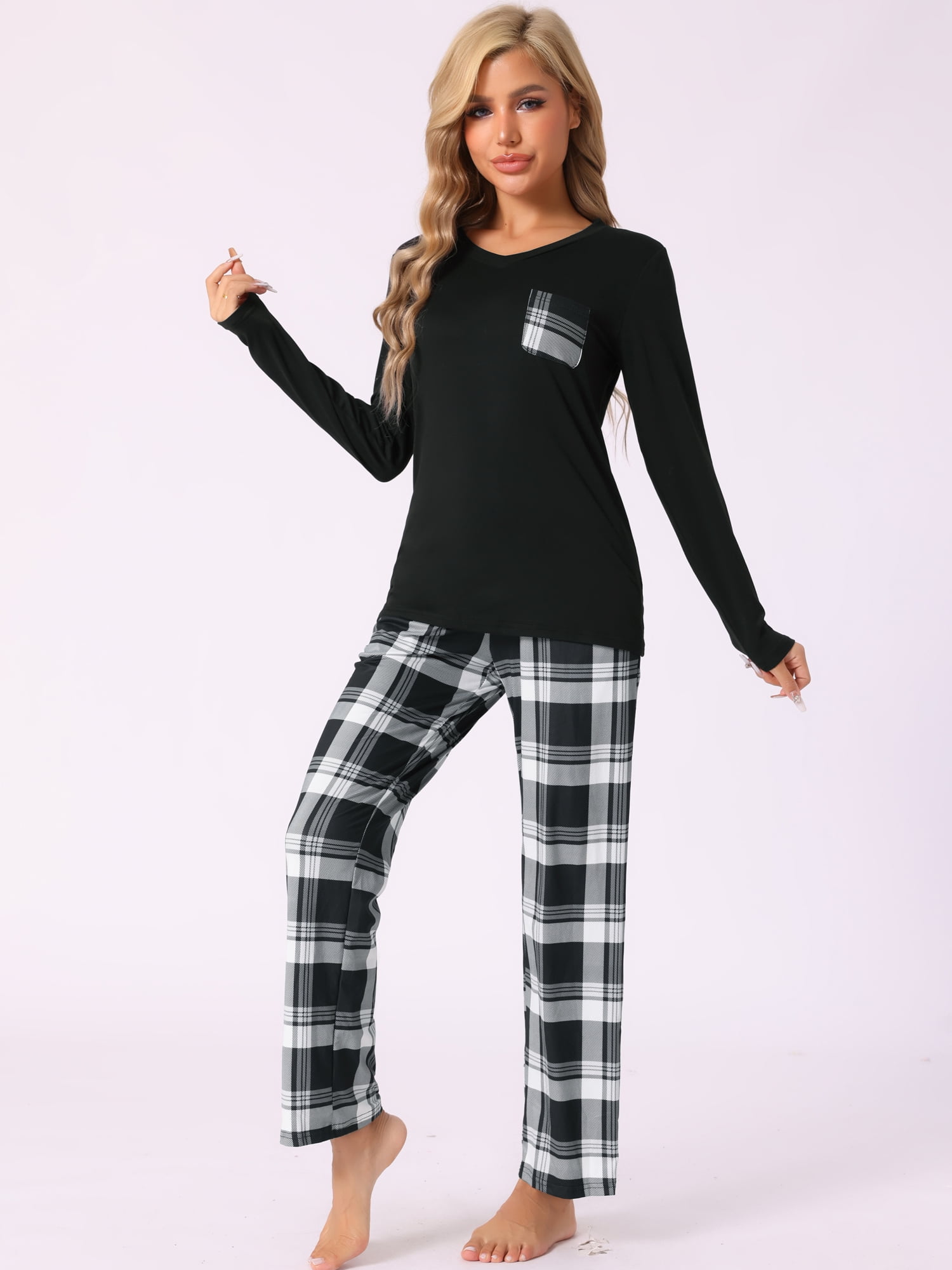 DARING DIVA Women's  Long Sleeve Plaid Soft Fall Pajama Set with Pockets M Black