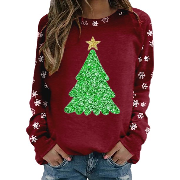 Gibobby Sudaderas para mujer Sudadera de moda para mujer con estampado de Navidad, cuello redondo, camisetas informales de manga larga, camisas de entrenamiento(Vino,CH)